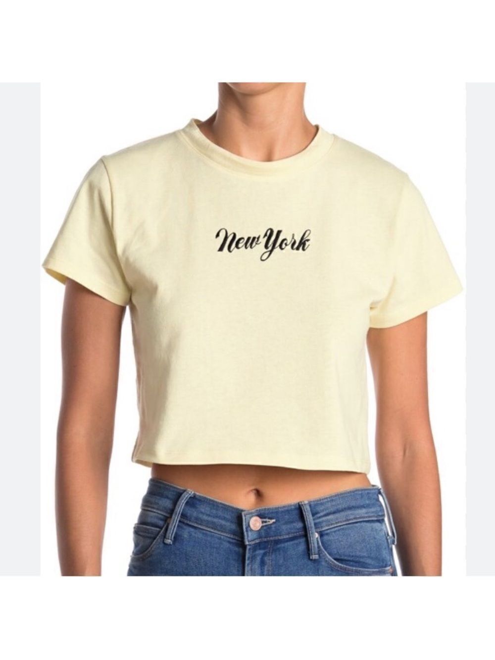 TOPSHOP 4 Pastel Yellow Black Embroidered New York Short Sleeve Crop Tee